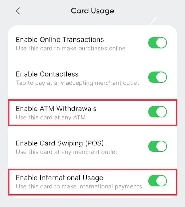 enable cash withdrawal and international usage