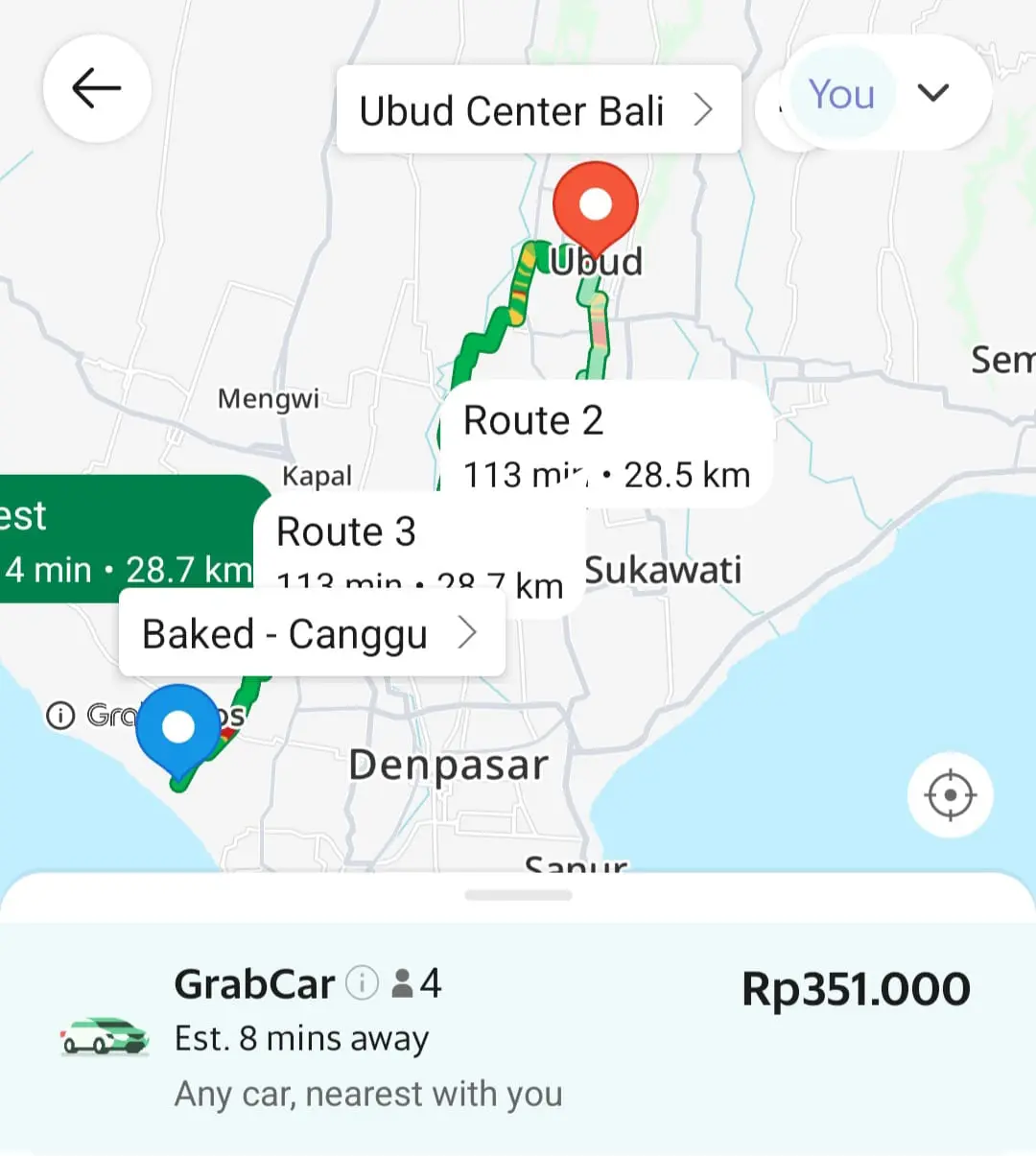 Canggu to Ubud in Grab taxi